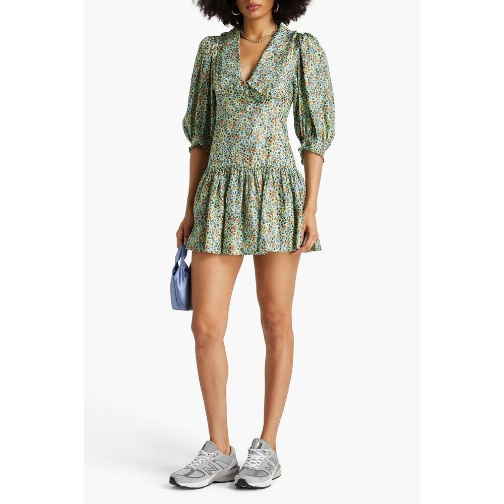 Sandro Green Multi-Color Floral Puff-Sleeve Mini Dress